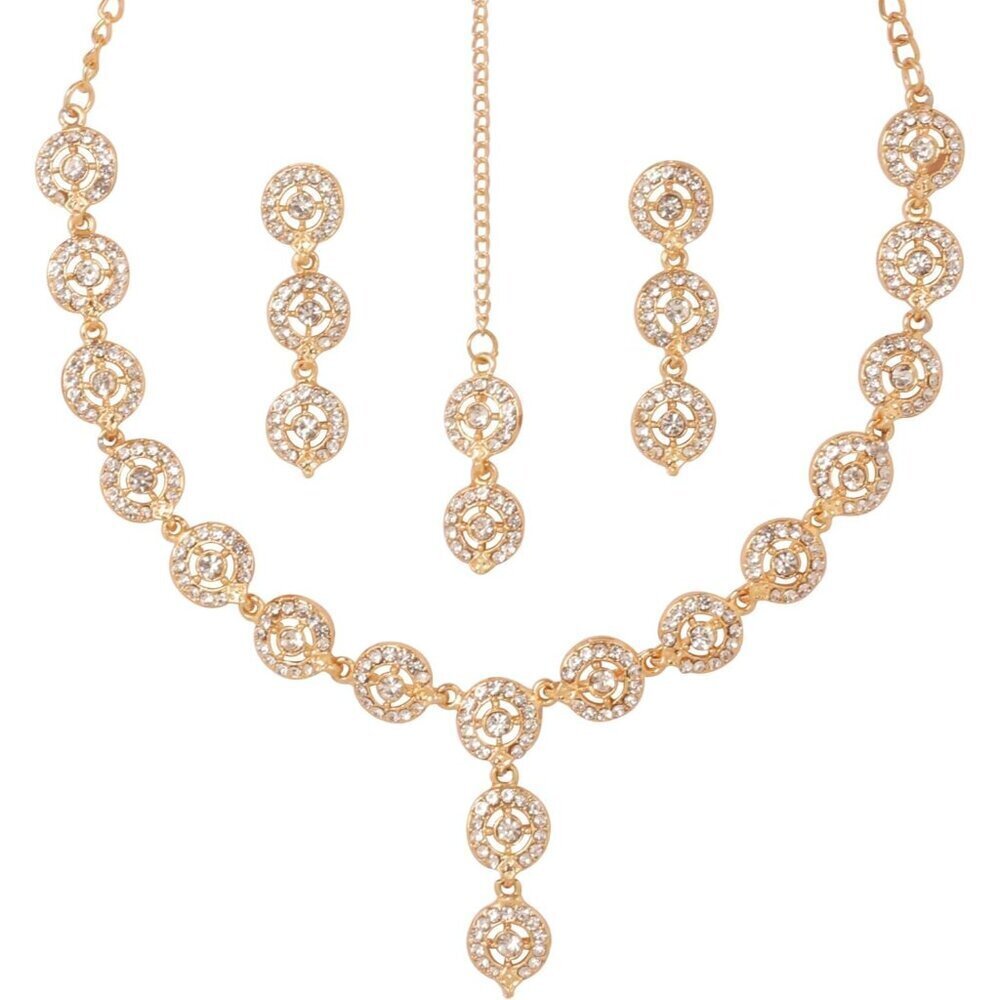Indian Jewelry Set Gold Tone Rhinestone Necklace Earrings for Women